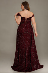 Curveins Plus Size V Neck Side Slit Spaghetti Strap Sequin Fitted Maxi Dress