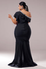 Curveins Plus Size Asymmetric Shoulder Slim-Fit Front Slit Long Dress