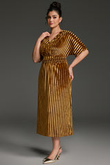 Curveins Plus Size Striped V-Neck Belted Waist Velvet Midi Dress