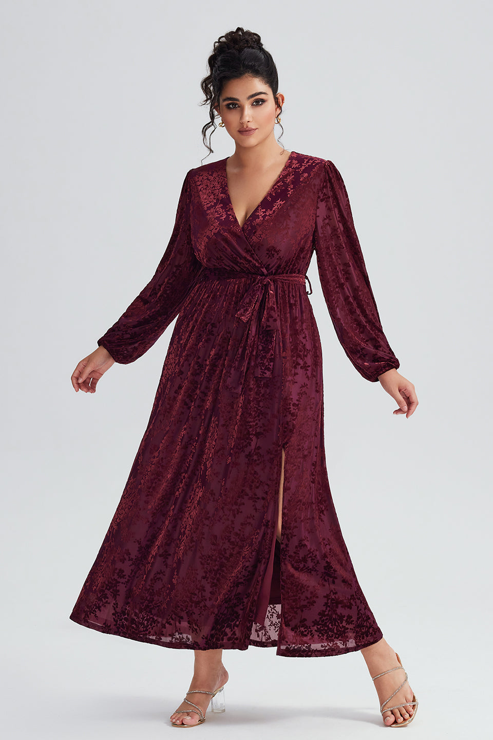 Curveins Plus Size Burgundy Velvet Wrap Maxi Dress