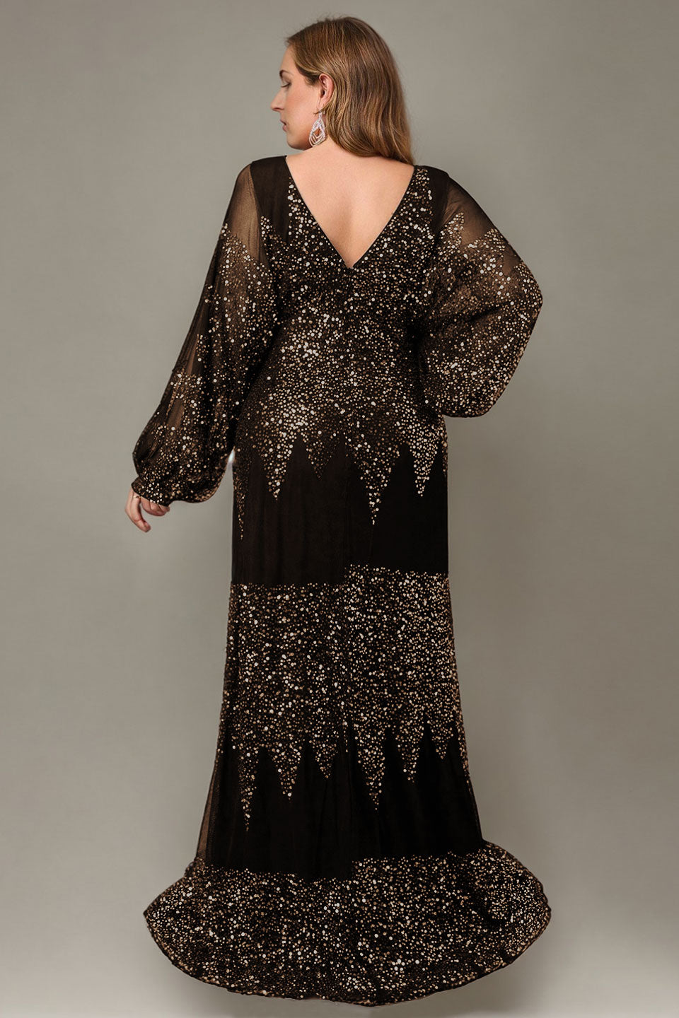 Curveins Chic Plus Size V-Neck Split Hem Sequin Lantern Sleeve Dress