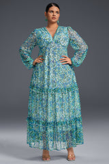 Curveins Plus Size Floral Print Lantern Sleeve Tiered Maxi Dress