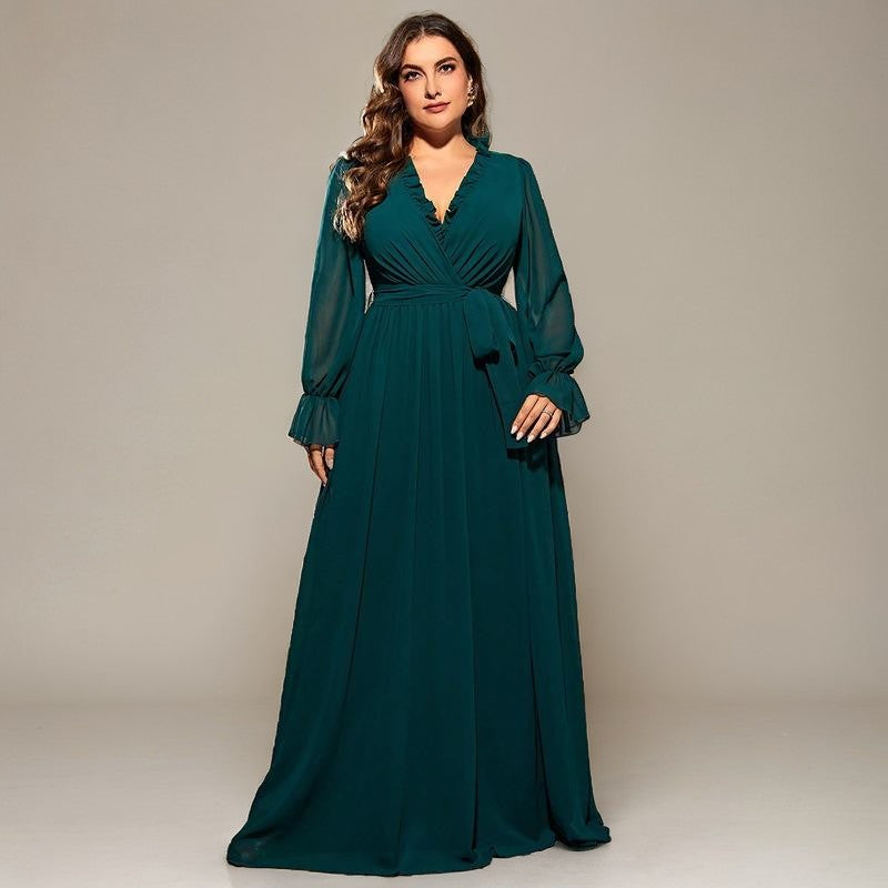 Curveins Plus Size V-Neck Long Sleeve Belted Waist Maxi Dress