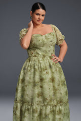 Curveins Plus-Size Draped Collar Puff Sleeve Floral Print Maxi Dress