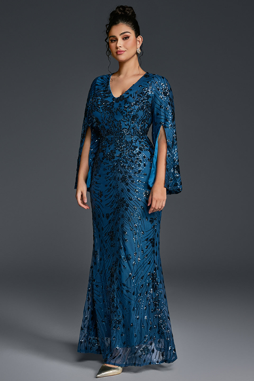 Curveins Plus Size V-Neck Long Sleeves Sequin Floral Bodycon Maxi Dress