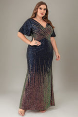Curveins Plus Size Glam V-Neck Batwing Sleeve Curve-Flattering Sequin Dress