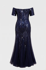 Curveins Plus Size Off-Shoulder Sequin Bodycon Maxi Dress with Pleated Hem