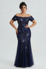 Curveins Plus Size Off-Shoulder Sequin Bodycon Maxi Dress with Pleated Hem