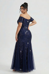 Curveins Plus Size Off-Shoulder Sequin Bodycon Maxi Dress with Pleated Hem