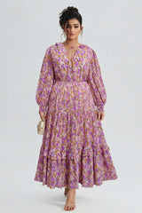 Curveins Plus Size V-Neck Floral Waist-Cinching Maxi Dress with Lantern Sleeves