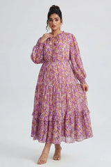 Curveins Plus Size V-Neck Floral Waist-Cinching Maxi Dress with Lantern Sleeves