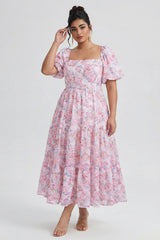 Curveins Plus Size Lantern Sleeves Square Neckline Floral Maxi Dress