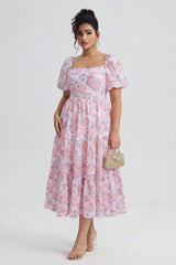 Curveins Plus Size Lantern Sleeves Square Neckline Floral Maxi Dress