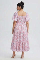 Curveins Plus Size Lantern Sleeves Square Neckline Floral Maxi Dress