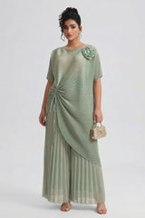 Curveins Plus Size Round Neck Short Sleeve Robe and Wide-Leg Pants Set