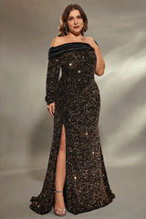 Curveins Plus Size Asymmetric Sleeve Sequin Evening Dress with High Side Slit