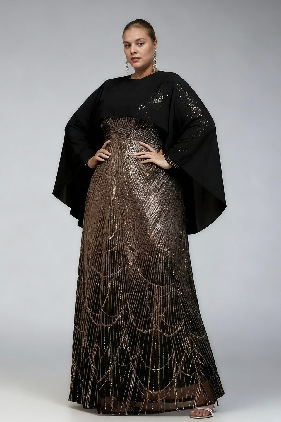 Curveins Plus Size Round Neck Striped Sequin Cape Top Gradient Maxi Dress