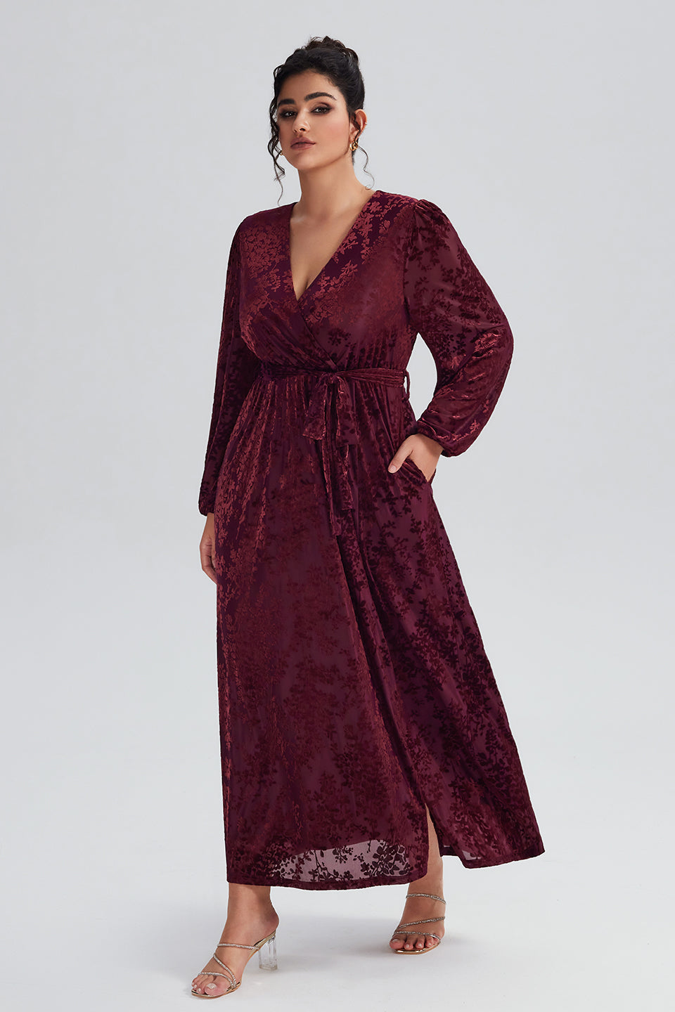 Curveins Plus Size Burgundy Velvet Wrap Maxi Dress