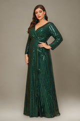 Curveins Plus Size V-Neck Sparkling Striped Sequin Evening Maxi Dress