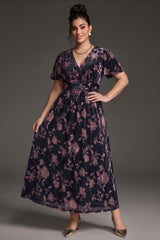 Curveins Plus Size Velvet Surplice Vintage Plain Maxi Dress