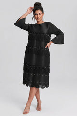 Curveins Plus Size Round Neck Fringe Detail Elegant Loose Pleated Midi Dress