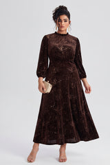 Curveins Plus Size Long Sleeve Velvet Patterned Elegant Flattering Maxi Dress