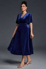 Curveins Plus Size Velvet V-Neck Ruched Hem Maxi Dress