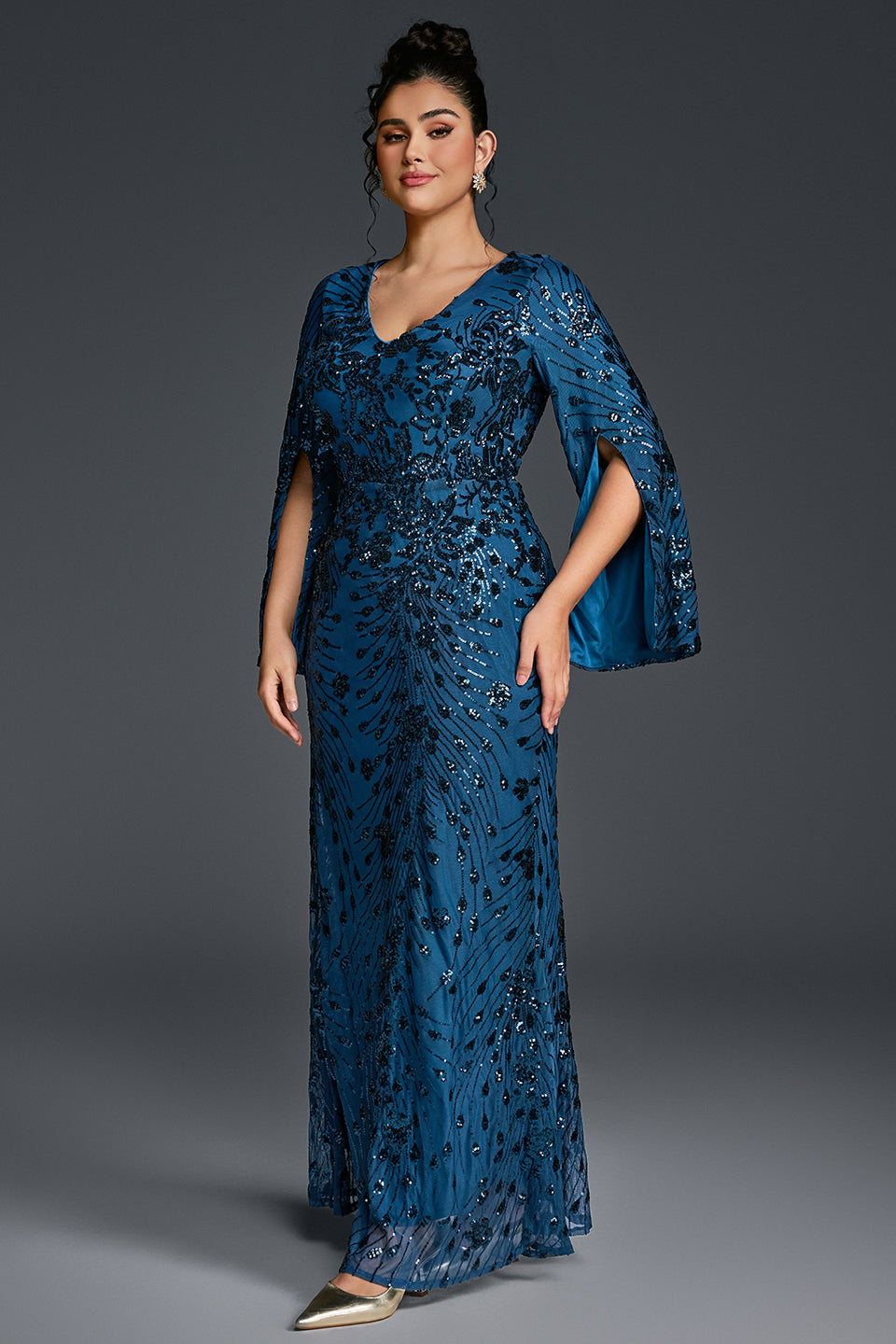 Curveins Plus Size V-Neck Long Sleeves Sequin Floral Bodycon Maxi Dress