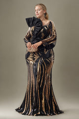 Curveins Plus Size Square Neck Long Sleeve Sequin Bodycon Gold Stripe Maxi Dress