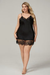 Curveins Plus Size Lace Trim Satin Chiffon Long Sleeve Soft Sleepwear Robe