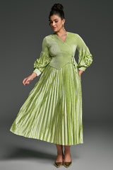Curveins Plus Size V-Neck Long Sleeve Waist Tie Pleated Maxi Dress