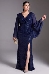 Curveins Plus Size V Neck Long Sleeve Sequin Bodycon High Slit Elegant Maxi Dress