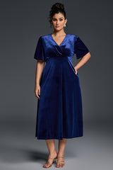 Curveins Plus Size Velvet V-Neck Ruched Hem Maxi Dress