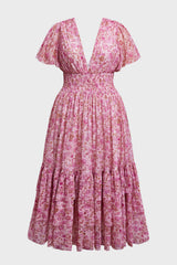 Curveins Plus Size Floral Smocked Waist Ruffle Sleeve Maxi Dress