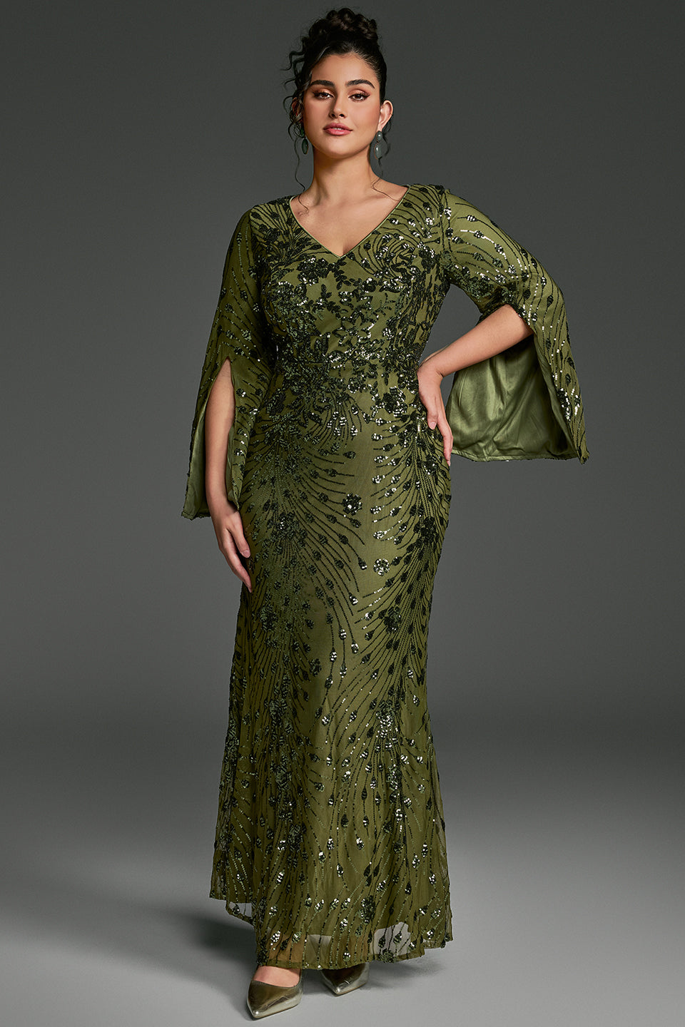 Curveins Plus Size V-Neck Long Sleeves Sequin Floral Bodycon Maxi Dress