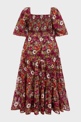 Curveins Plus Size V-Neck Flower Print Pleated Maxi Dress