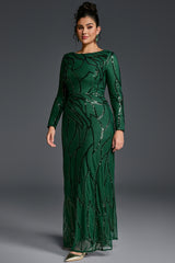 Curveins Plus Size Round Neck Long Sleeve Textured Sequin Bodycon Maxi Dress