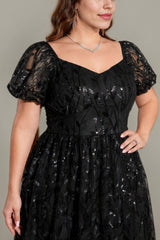 Curveins Plus Size Short Sleeve Embroidered Sequin Puff Sleeve Elegant Maxi Dress