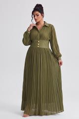 Curveins Plus Size Long Sleeve Polo Neck Button Pleated Waist Maxi Dress