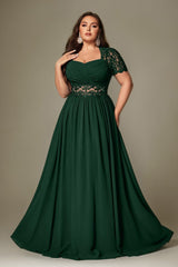 Curveins Plus Size Strapless Embroidered Short Sleeve Waist Cinch A-Line Maxi Dress