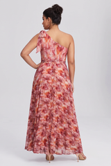 Curveins Plus Size Elegant Striped One Shoulder Cinched Waist Flowy Maxi Dress