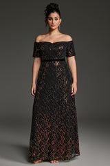 Curveins Plus Size Off-Shoulder Waist Cinched Striped Sequin Maxi Evening Dress