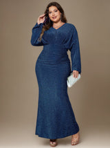 Curveins Plus Size V-Neck Long Sleeve Mermaid Hem Fishtail Maxi Dress