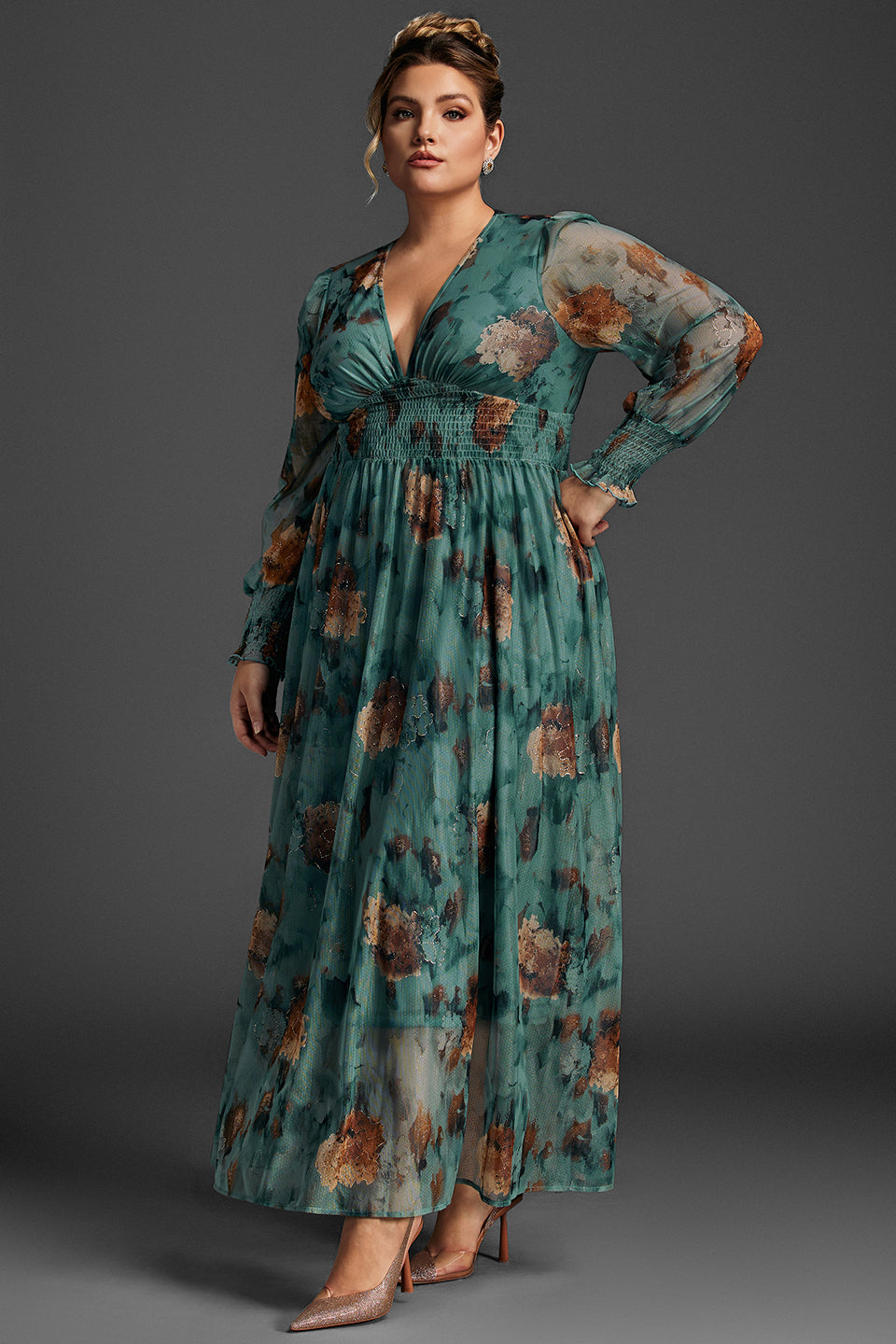 Curveins Plus Size V Neck Striped Sequin Cape Top Gradient Maxi Dress