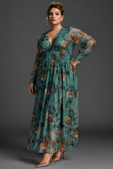 Curveins Plus Size V-Neck Floral Mesh Maxi Dress