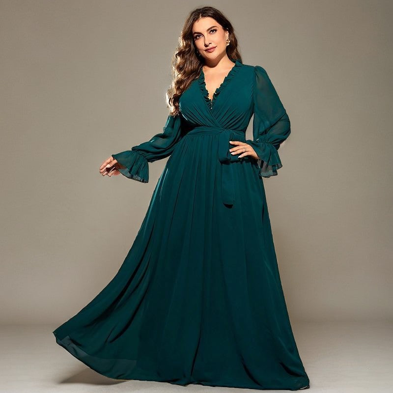 Curveins Plus Size V-Neck Long Sleeve Belted Waist Maxi Dress
