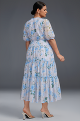 Curveins Plus Size Round Neck Floral Wrap Waist Tiered Maxi Dress