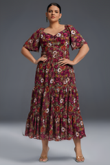 Curveins Plus Size V-Neck Flower Print Pleated Maxi Dress