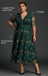 Curveins Plus Size V-Neck Ruffle Sleeve Embroidered Maxi Dress