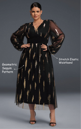 Curveins Plus Size V-Neck Sequin Long Sleeve Maxi Dress